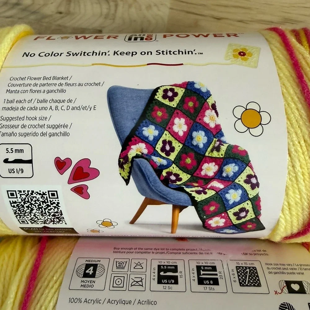 Red Heart All in One Flower Power Yarn - Lot Of 4 Dilly Daylily Yellow, Hot Pink